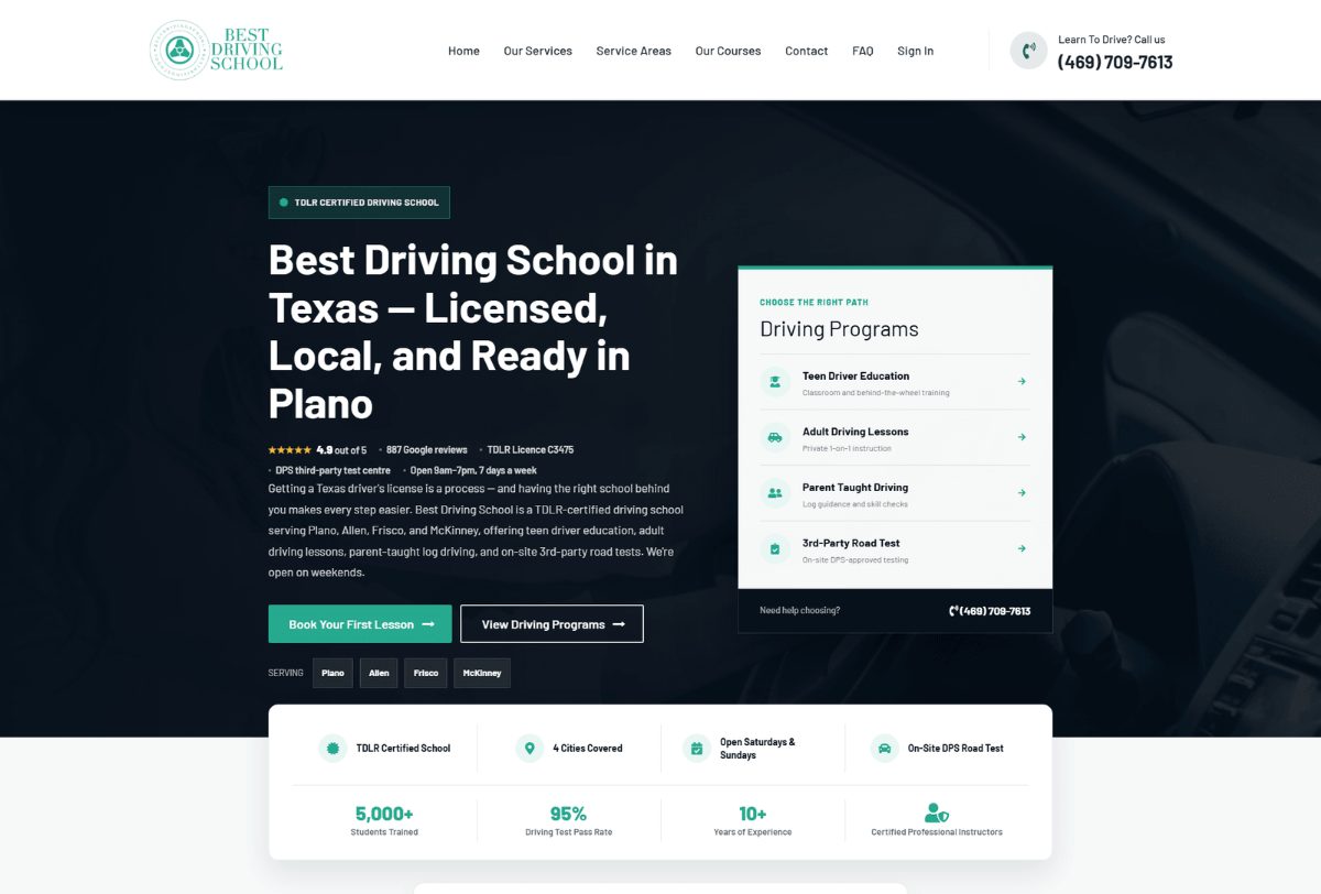 After. TDLR certification and licence number, the Google rating, test-centre status, hours, four programs and four cities, all before a parent scrolls.