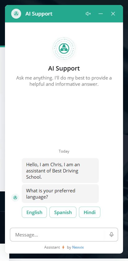 It introduces itself as the school’s assistant and asks for a language.