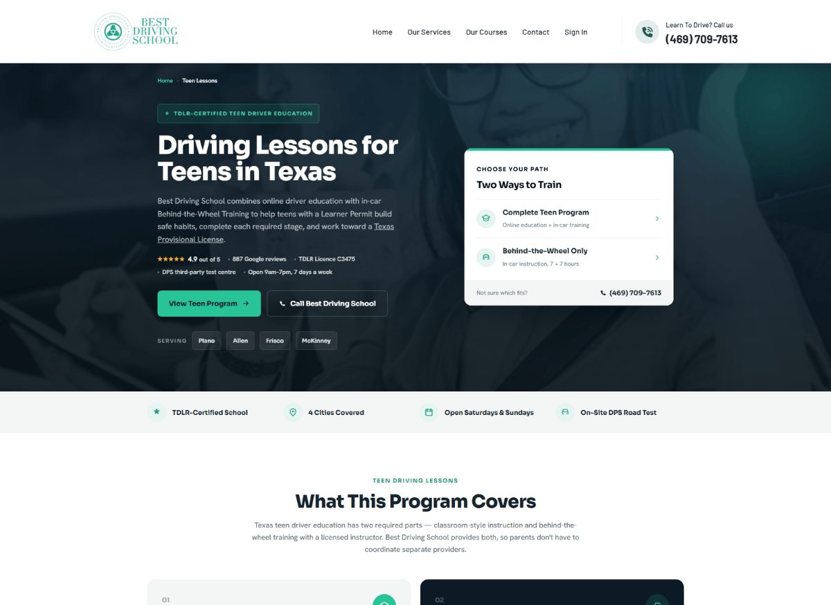 The teen driving service page: the same trust line as the homepage, and the two program paths beneath the service.
