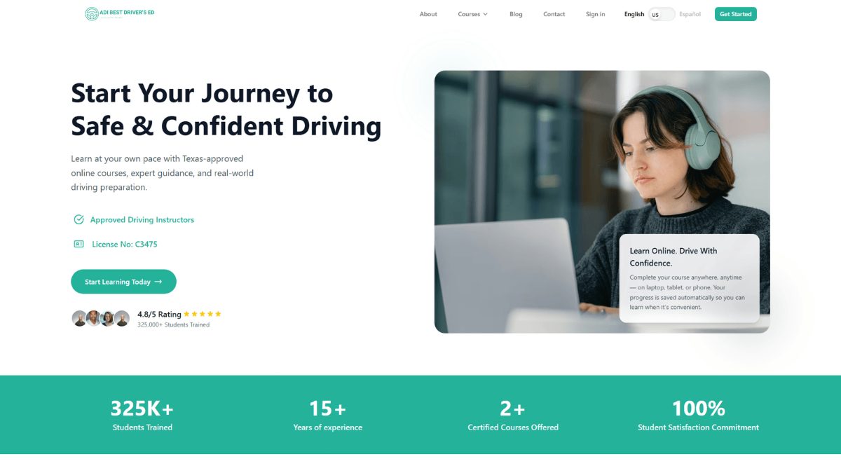 The ADI Best Drivers Ed marketing site: the branded hero with the licence number and a one-tap switch between English and Spanish.