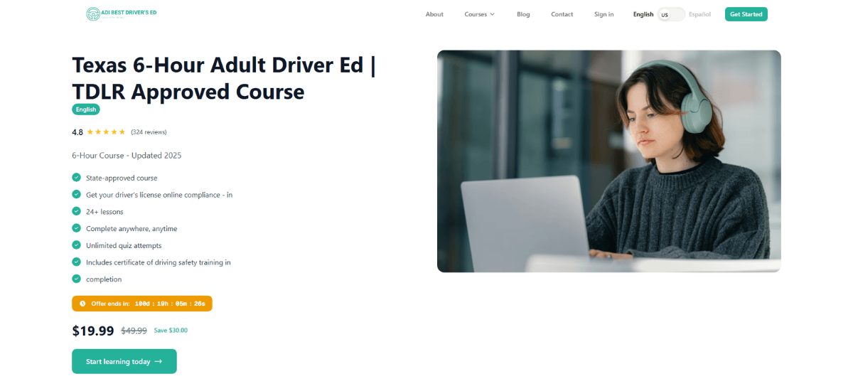 A course page for the six-hour adult course: inclusions, language badge, price and the start button, all read from the platform’s catalog.