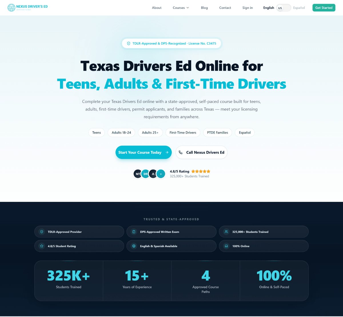 The marketing site homepage and trust bar: the TDLR / DPS badge, the six audiences and the brand’s own figures, read straight from the live site.
