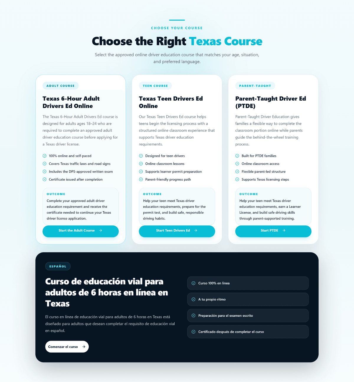 The course-path section: three English course cards and the featured Spanish adult course, all fed from the catalog the API publishes.