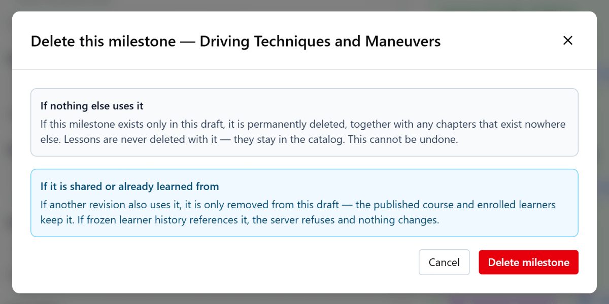 The delete confirmation for a milestone in a draft: what happens if nothing else uses it, and what happens if it is shared or already learned from.