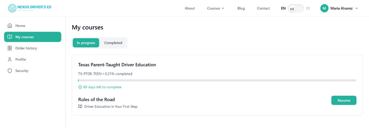 My courses: progress against the enrolled revision, with the completed tab beside it.