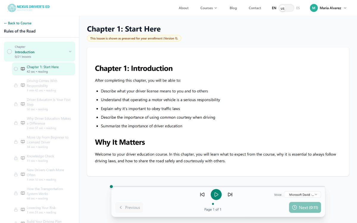 A lesson in the learner portal: chapter objectives, the pacing control and the sequential next-lesson gate.