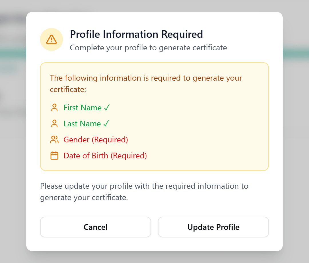 Certificate generation refuses to run on an incomplete profile, and names the exact fields it still needs.