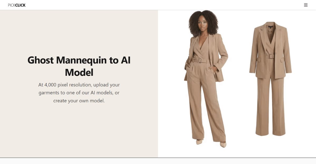 The same suit as a ghost mannequin and on an AI model. This is the transformation the platform sells: a garment photographed once, worn by a model in minutes.