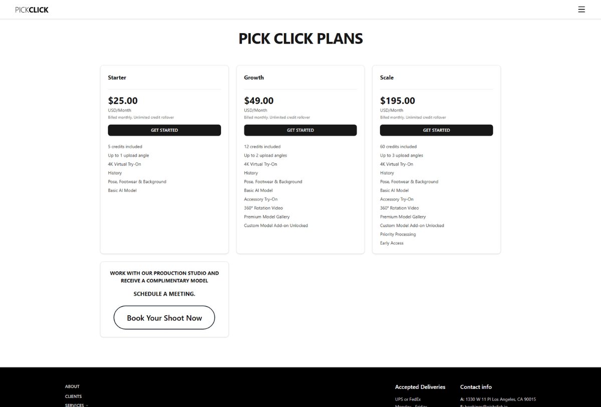 The three plans, read live from the platform’s plan definitions. Credits, upload angles and features per tier are set in the admin; the same feature keys gate the portal.