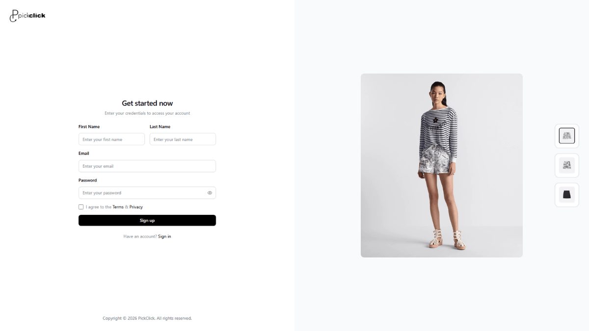 Sign-up in the creator portal: a brand creates an account, confirms it with an emailed code and chooses a plan.